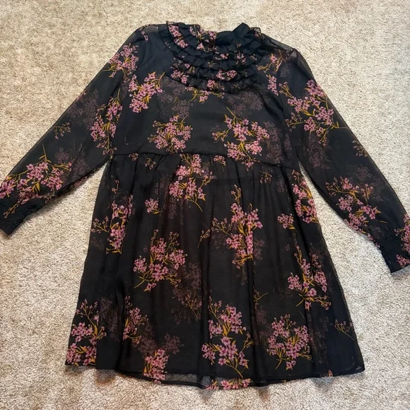 Who What Wear Women's Chiffon Mini Dress Long Sleeve Black Floral Ruffle Trim 2X - Picture 2 of 6